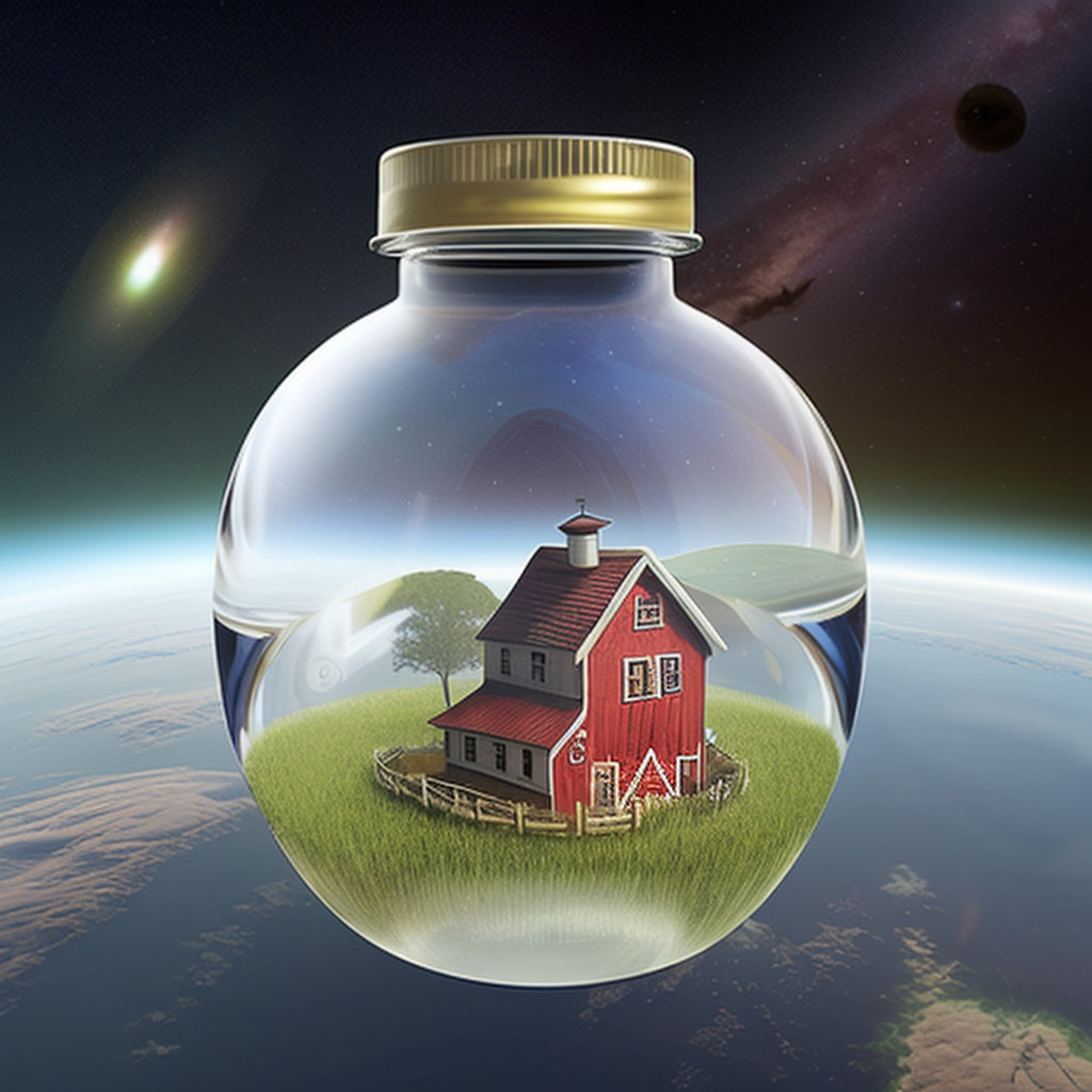 A bottle containing a farm floating in space above Earth