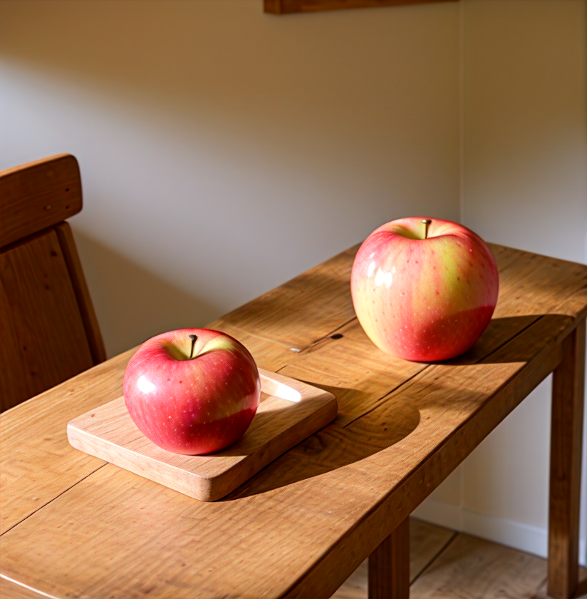 A picture of the AUTOMATIC1111 WebUI. In the prompt box it says, 'An apple sitting on a table in a farmhouse'. In the image box is a picture of apples on a table.